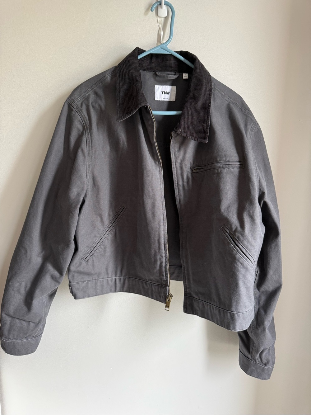 TNA Women's Charcoal Gray Canvas Bomber Jacket with Black Corduroy Collar